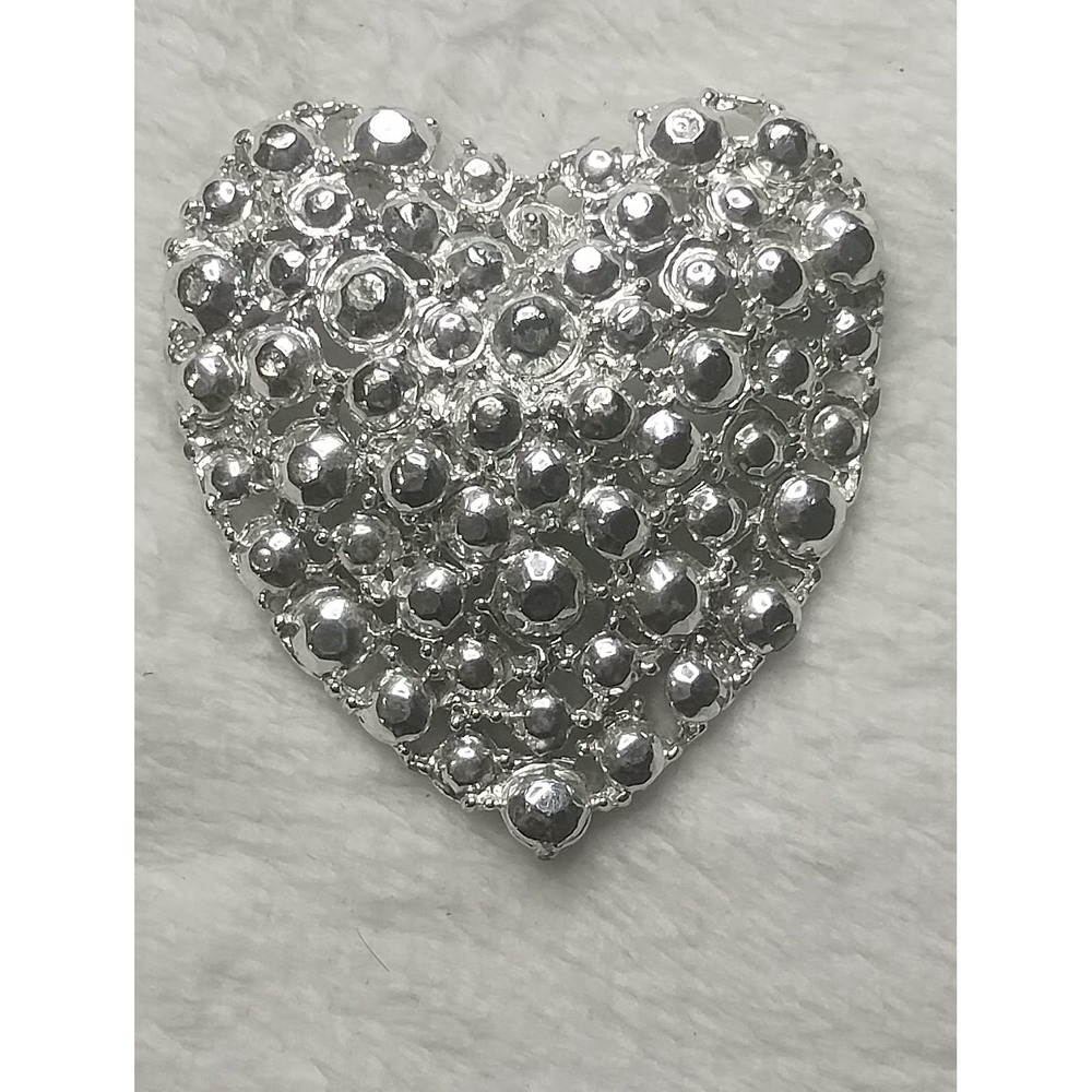 Silver Heart Brooch Pin Textured Beaded Bubble Statement Love Valentine Jewelry‎